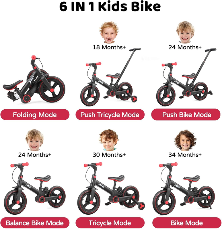 6-in-1 Toddler Bike 12" Balance Bike Push Handle Training Wheels Kids1