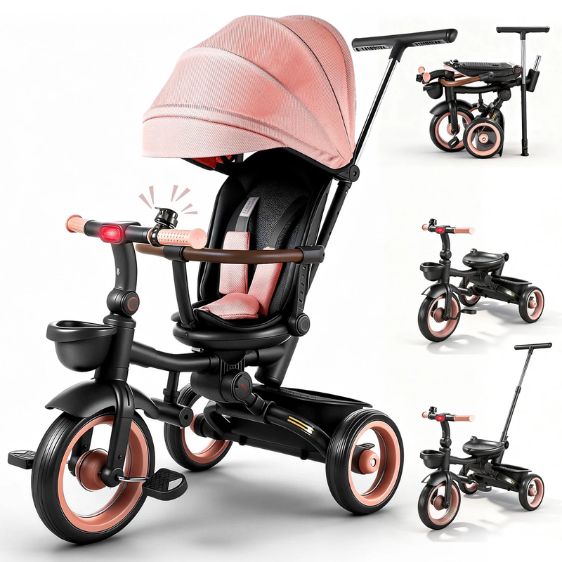 7 in 1 Foldable Tricycle Stroller for Toddler, Baby Tricycle with Adjustable Can0