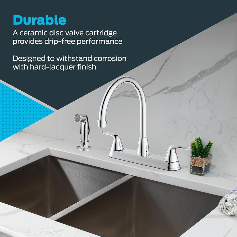 Two-Handle High-Rise Kitchen Faucet with Sidespray, Stainless Steel, EZ-102014