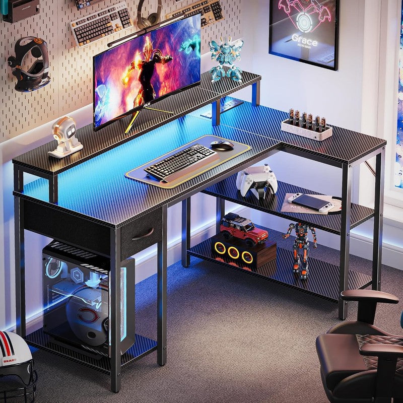47'' L Shaped Gaming Desk LED Lights Power Outlets Reversible Black1