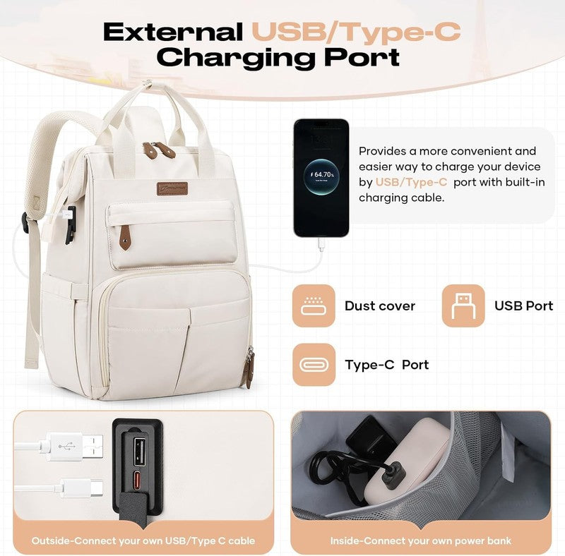Travel Laptop Backpack 15.6 17.3" Nurse Work Bag w/ Lunch Box Beige6