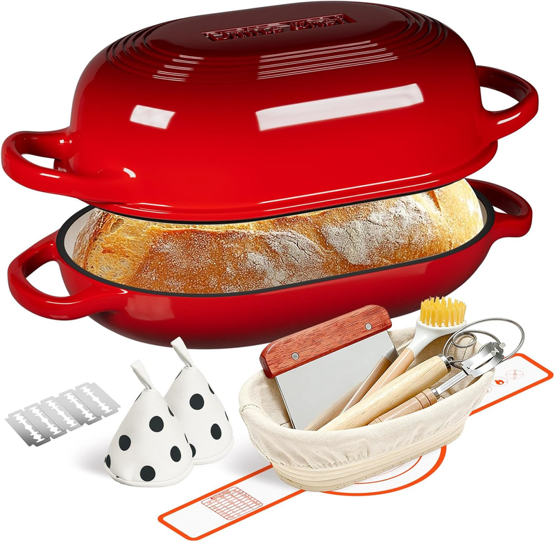 5QT Cast Iron Dutch Oven Bread Kit w/ Banneton Lame Red9