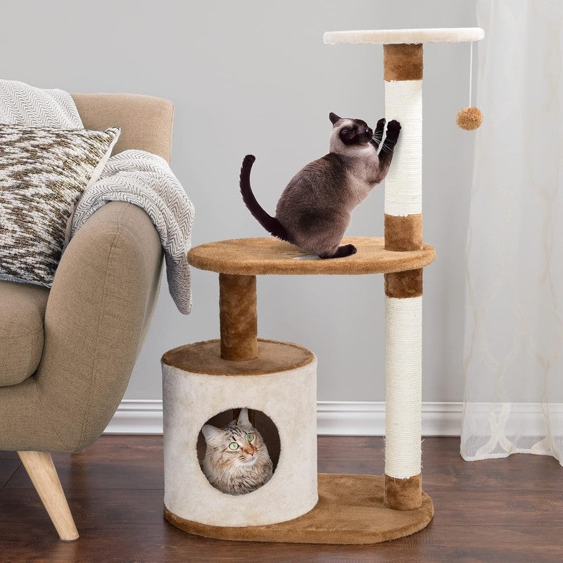 3 Tier Cat Tree Condo with Scratching Posts   37.5" Brown & Tan3