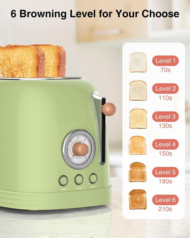 Retro 2-Slice Toaster Green - Wide Slots, Bagel, Defrost, Cancel, 6 Shade3