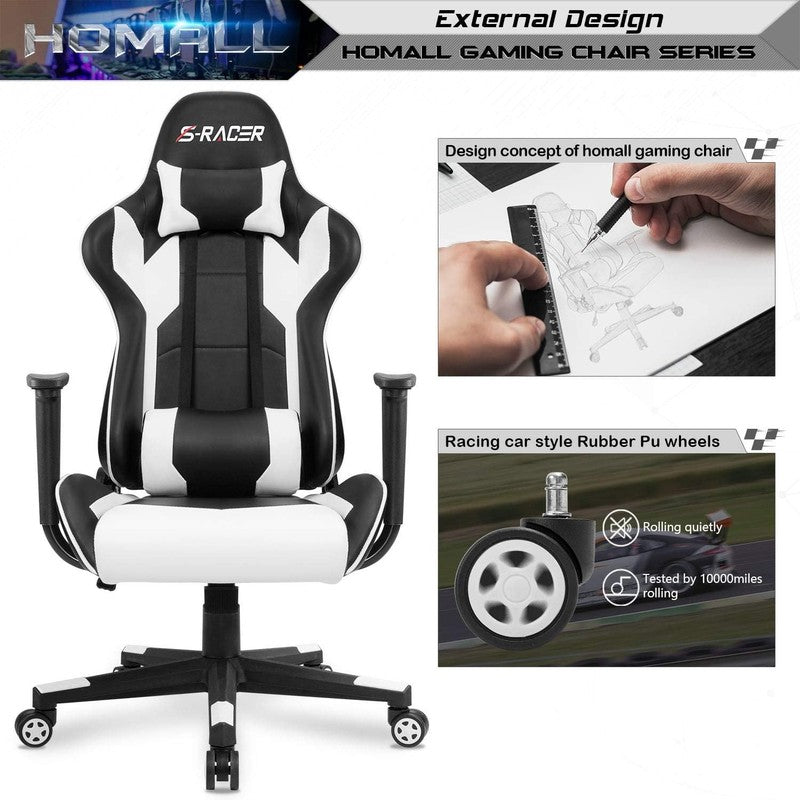 Ergonomic Gaming Chair with Headrest & Lumbar Support - White High Back Office C4