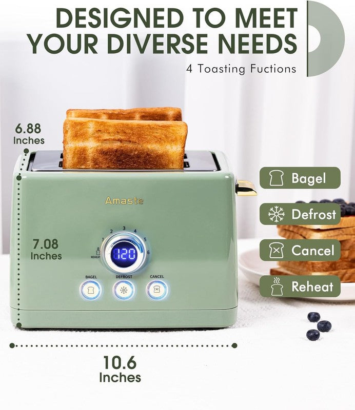2 Slice Toaster, Retro Bread Toaster with LED Display, Extra Wide Slots Toasters5