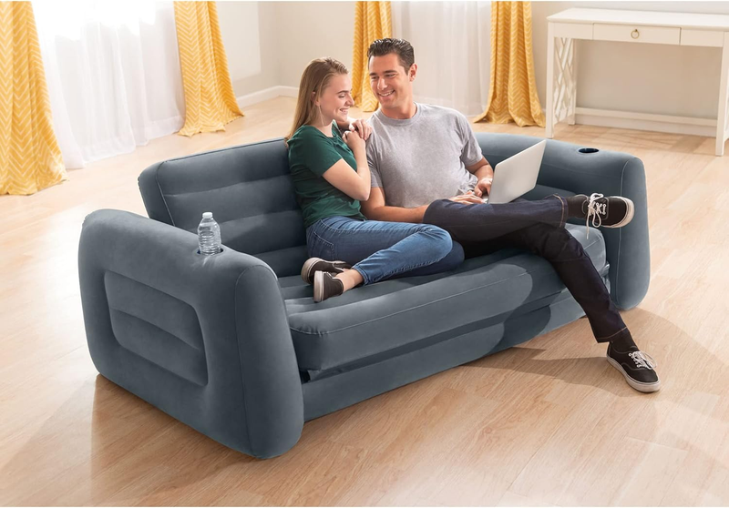 Inflatable Pull Out Sofa: Velvety Surface, 2 In 1 Valve, Cupholder, 46" X 88" X 7