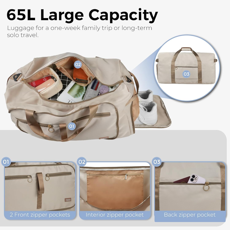 65L Travel Duffel Bag Foldable w/ Shoe Compartment Water Resistant Gray3