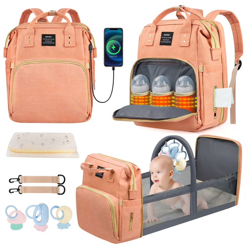 Diaper Bag Backpack w/ Crib, USB, Bottle Holders – Pink Travel Nappy Bag9
