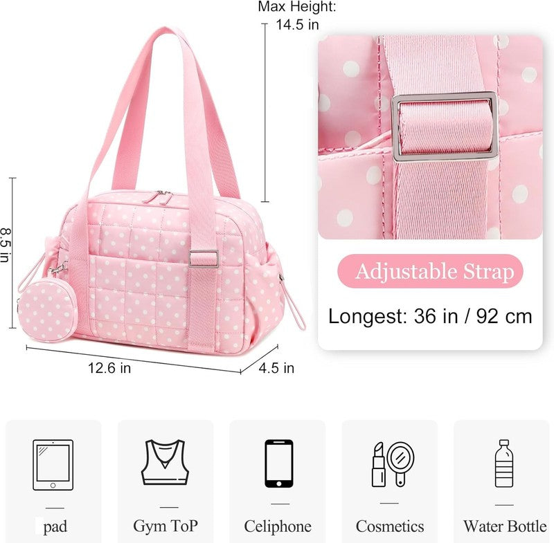 Mini Gym Bag Women Quilted Duffel Wet Compartment Yoga Dance Polka Pink 12.6"3