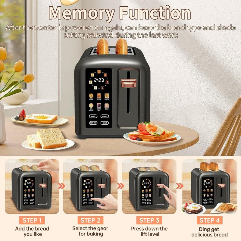 2 Slice Touch Control Toaster LCD 1350W Wide Slots Stainless Dark6