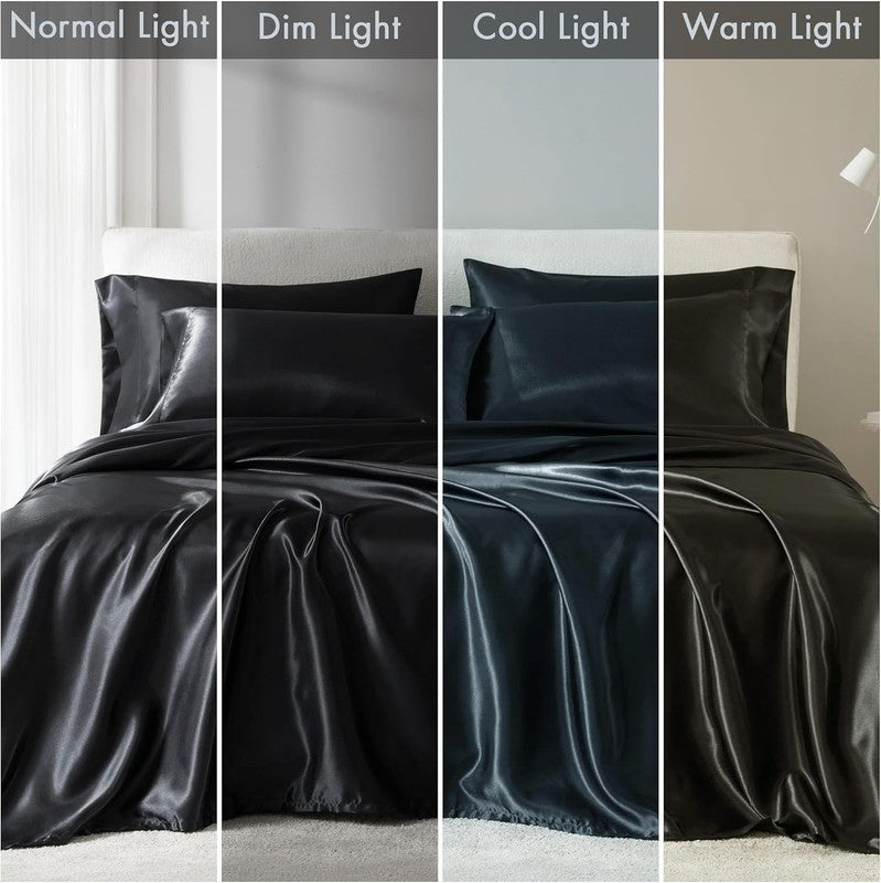 Luxury Satin Sheet Set, King Size, Black, 6 Pieces, Fits Up to 16" Mattress8