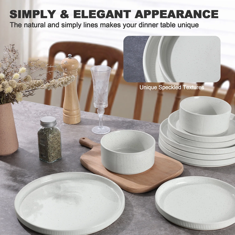 12Pc Stoneware Dinnerware Set for 4 Ribbed Plates Bowls Speckled White4