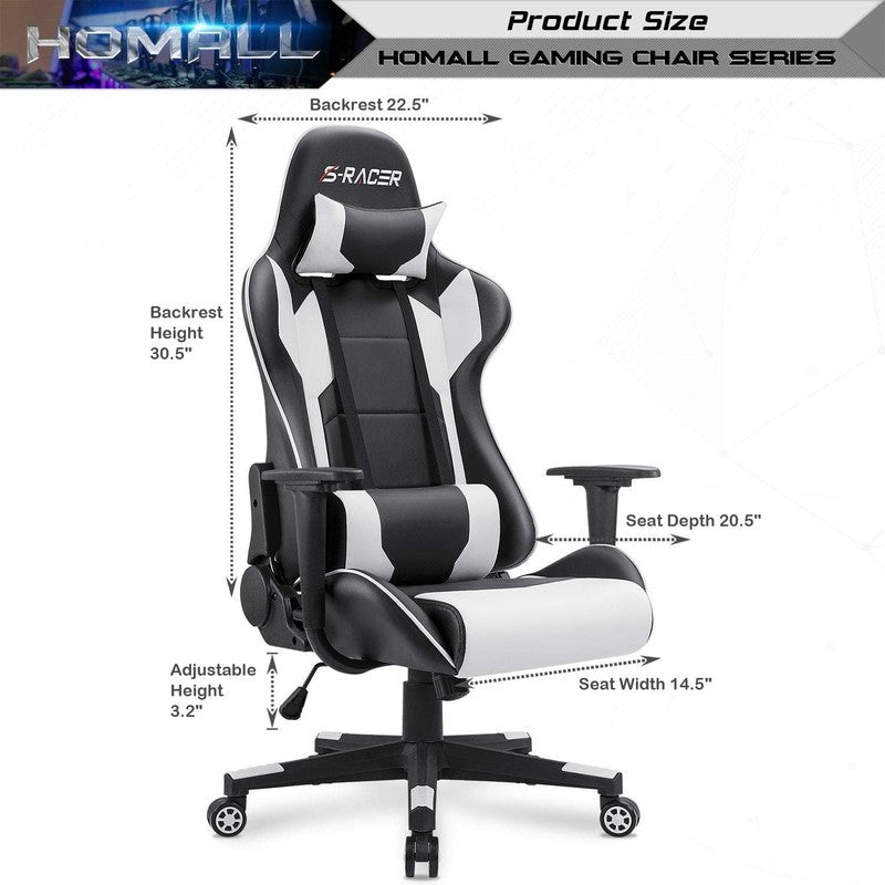 Ergonomic Gaming Chair with Headrest & Lumbar Support - White High Back Office C2