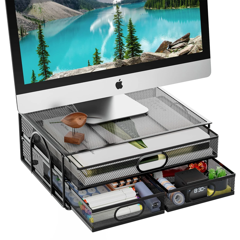 Monitor Stand with Drawer, Monitor Stand, Metal Mesh Desk Organizer with Three P11