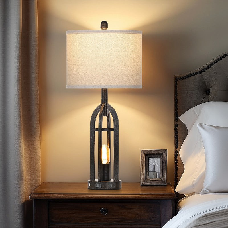 Set of 2 Industrial Table Lamps USB A+C Ports AC Outlet 3 Way Touch Dimmable Gol6