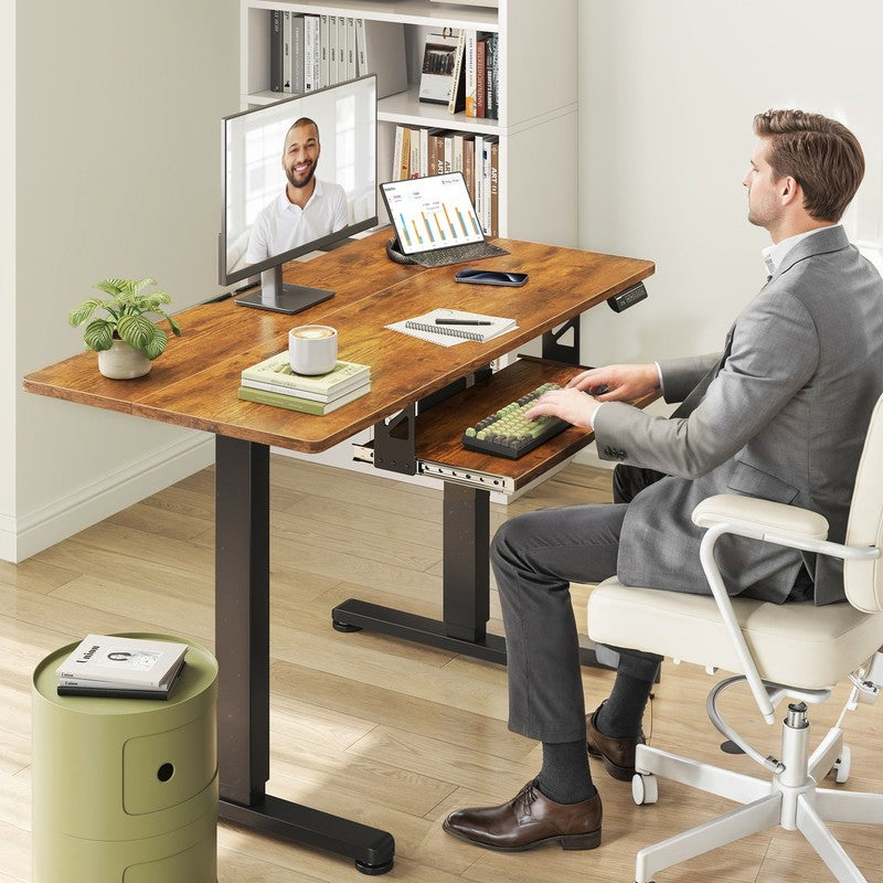 Electric Standing Desk 35" Adjustable Height w/ Keyboard Tray Home Office Brown1