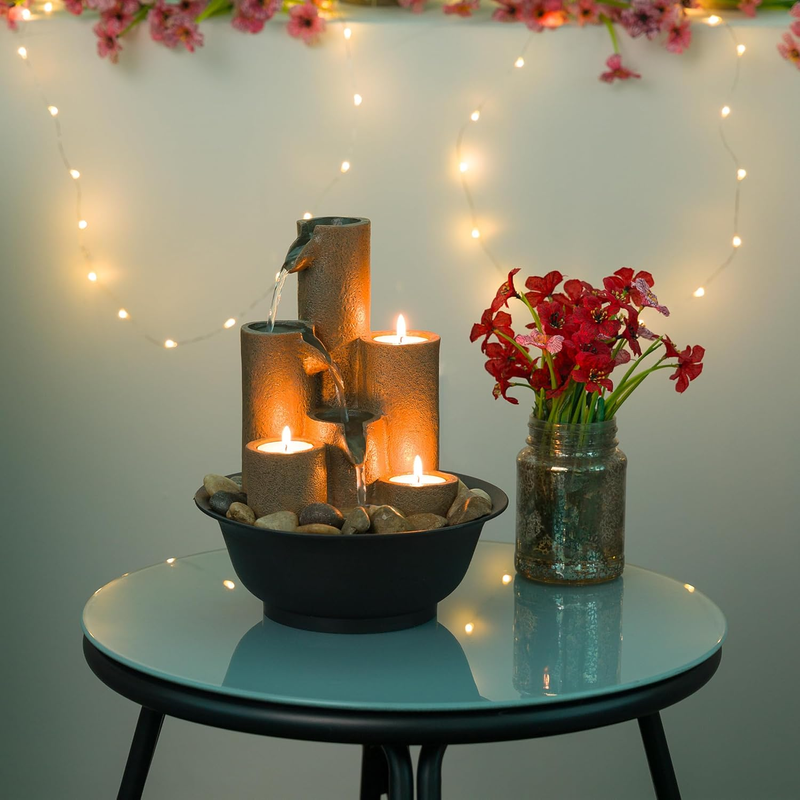 WCT202 Indoor Tabletop Tiered Water Fountain Featuring 3 Candles for Desktop and2