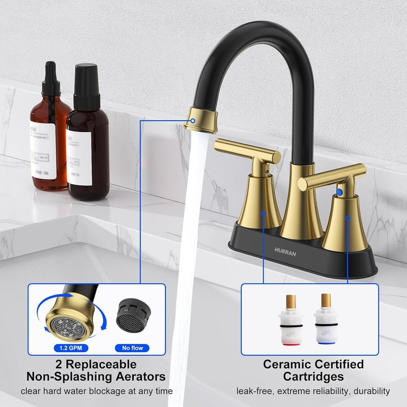 3 Hole Bathroom Faucet Black Gold Centerset Vanity RV w/ Drain Hoses4