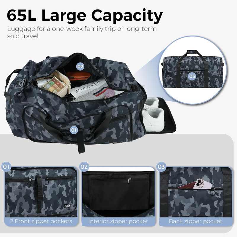65L Travel Duffel Bag Foldable w/ Shoe Compartment Water Resistant Gray3
