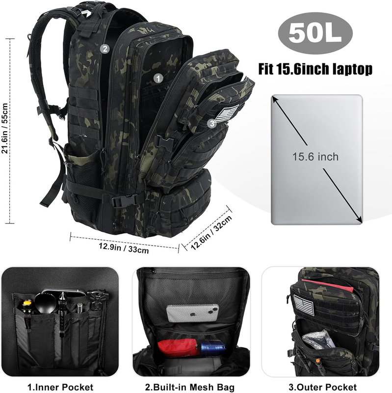 50L Tactical Military Backpack Army Assault Pack Bug Out Bag Water Resistant2