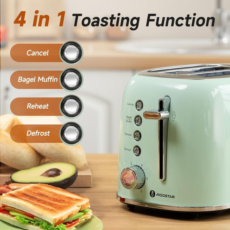 Retro 2 Slice Toaster Aqua Green - Wide Slots, Bagel, Defrost, 6 Shade1