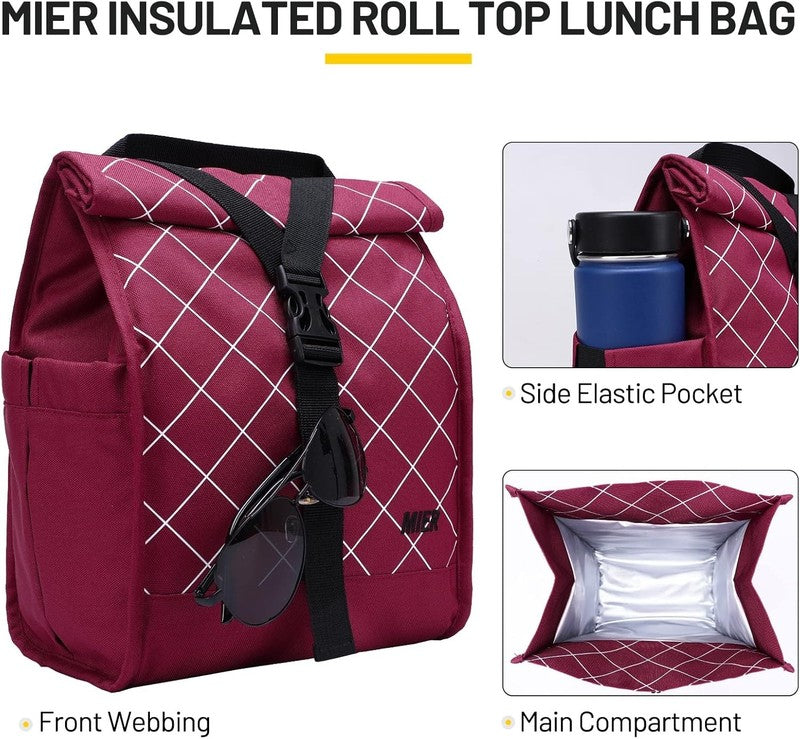 Insulated Roll Top Lunch Bag for Women Men Foldable Tote w/ Shoulder Strap Red1