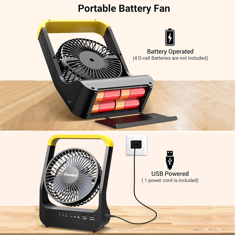 Battery Operated Portable Fan D Cell USB Powered Desk Camping Fan 5" New2