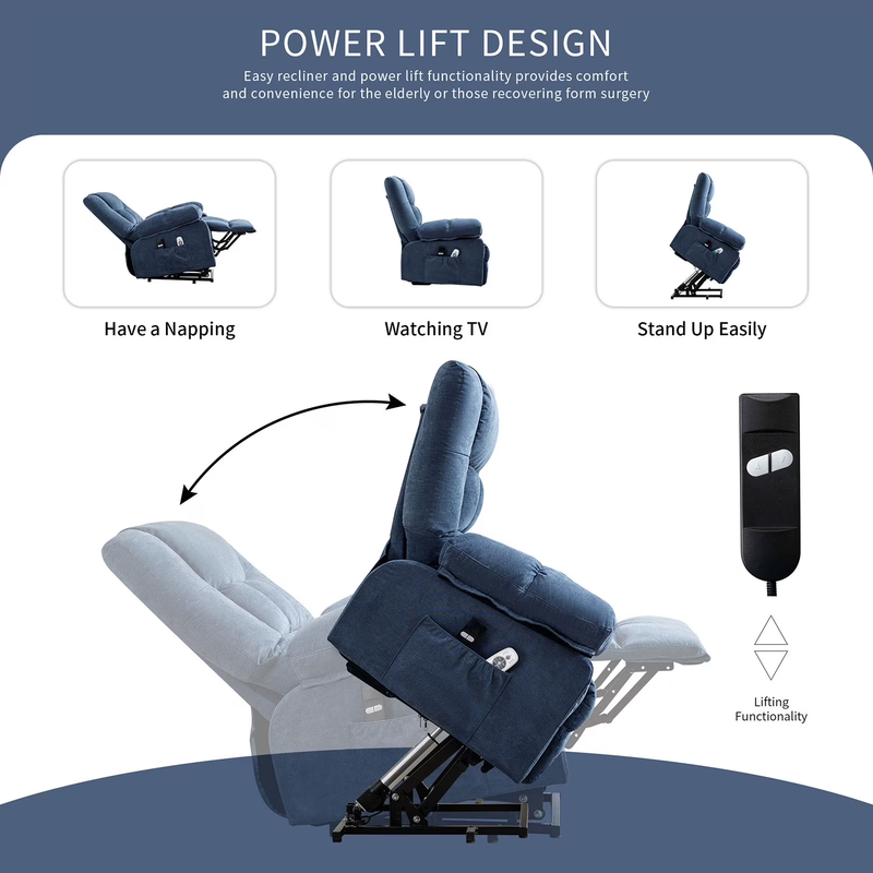 Power Lift Recliner Chair Heat Massage USB Port Infinite Position Blue5