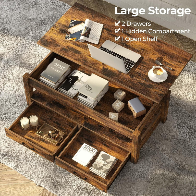 Lift-Top Coffee Table with Drawers Hidden Compartment Rustic Brown4