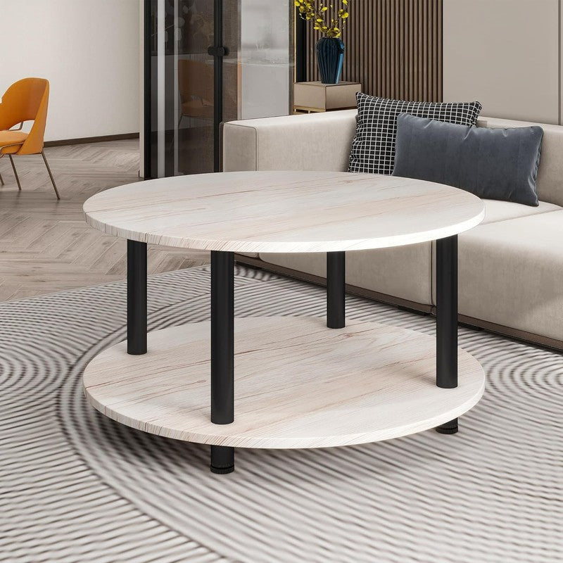 Round 2 Tier Coffee Table with Storage 23.6" Metal Frame, Oak3