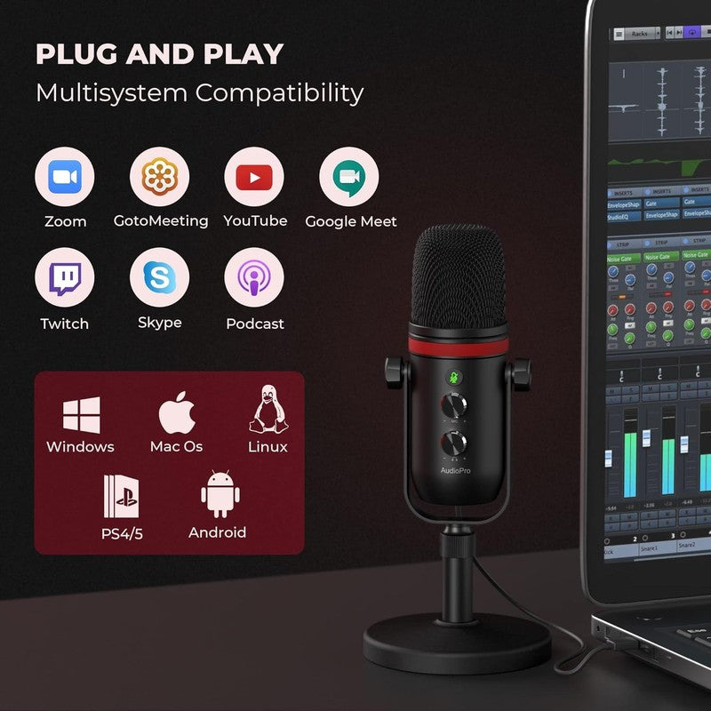 USB C Condenser Gaming Microphone w/ Headphone Jack, Volume, LED Mute2