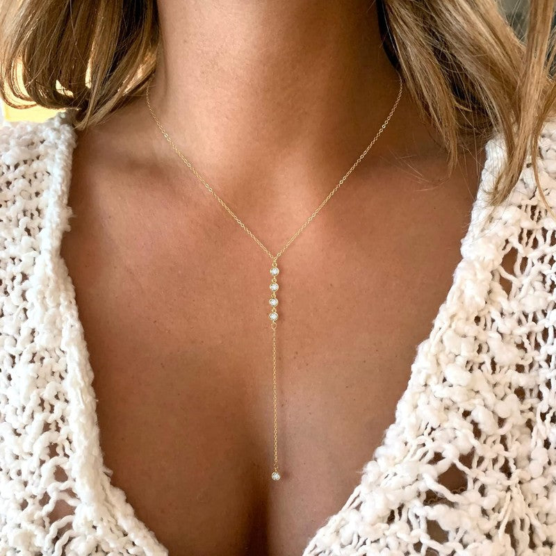 14K Gold Plated Lariat Y Necklace CZ Beaded Drop Pendant Layered for Women3