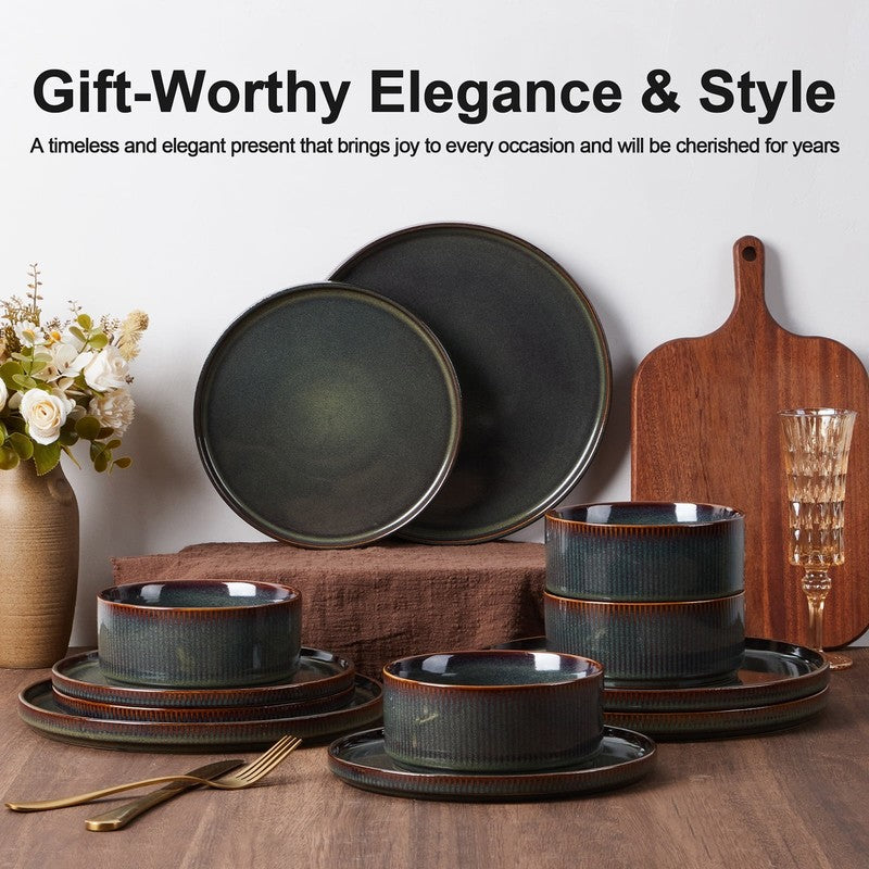 Dinnerware Set for 4, 12 Piece Stoneware Ribbed Dishes with Reactive Glaze, Cera7