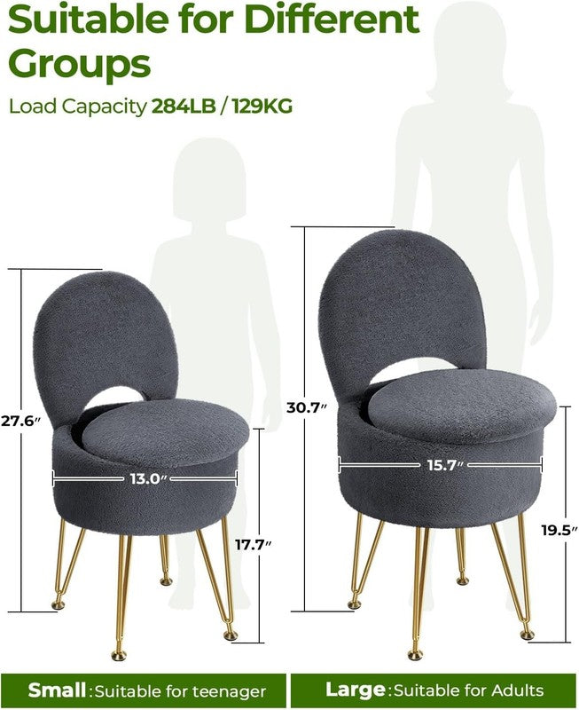 Faux Fur Vanity Stool Chair w/Storage Folding Back Ottoman Grey1