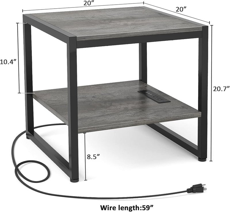 End Table with Charging Station 2 Tier Shelf Mini Fridge Stand Black Oak2