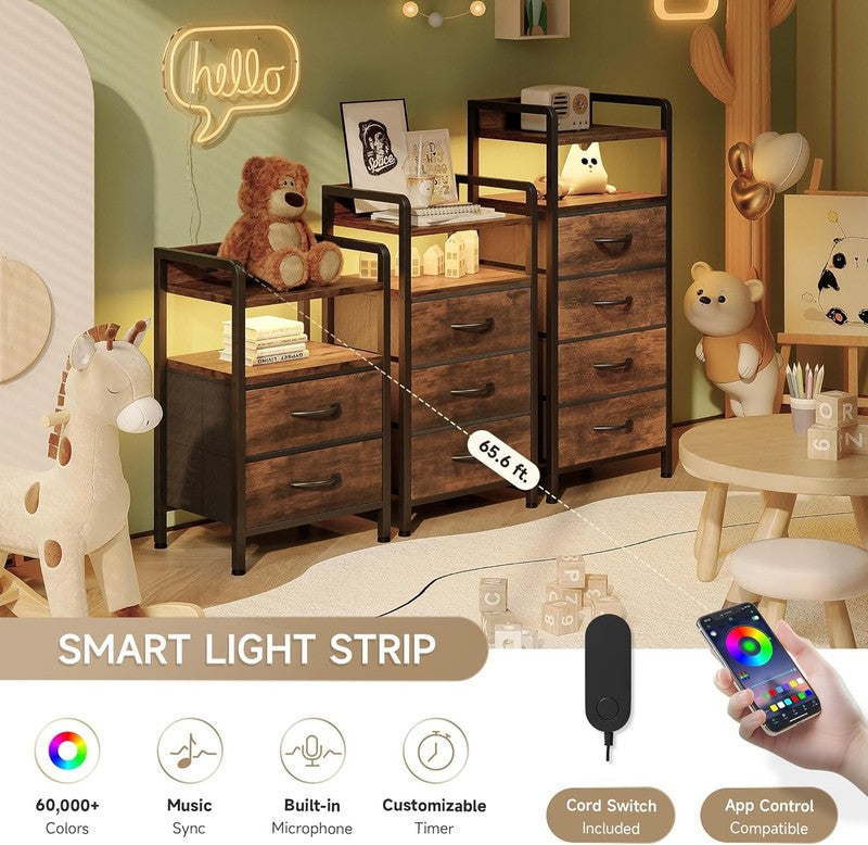 Nightstand w/ Charging Station LED Light 2 Fabric Drawers USB & AC Outlets Brown3