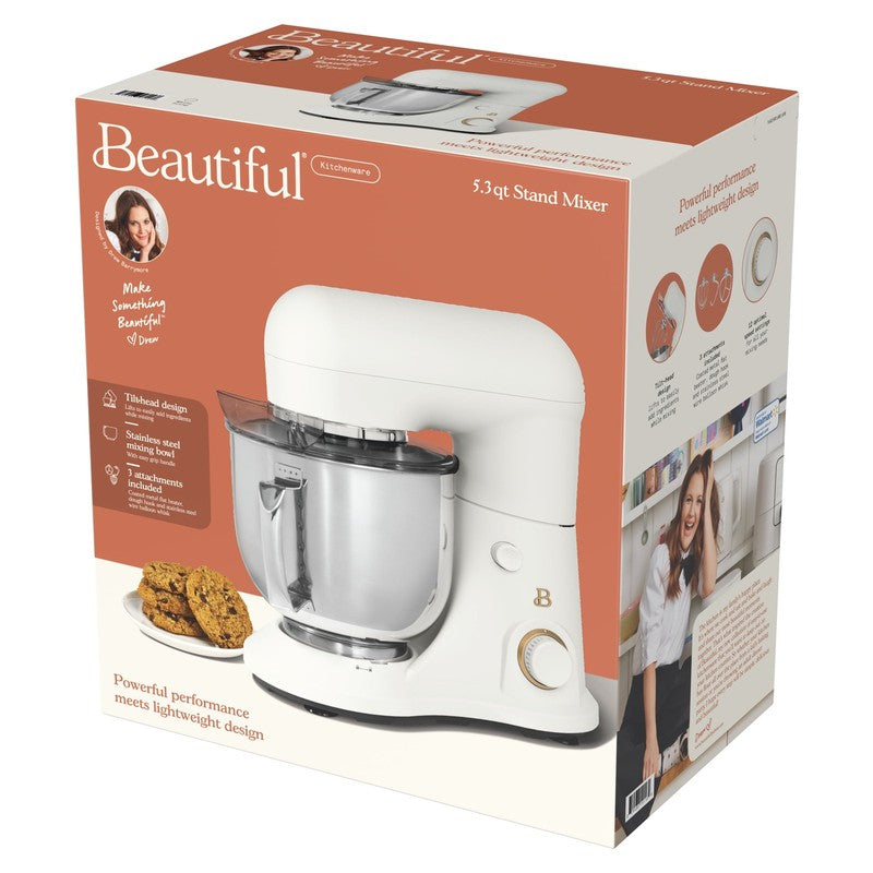 Beautiful 5.3 QT Stand Mixer w/ Flat Beater, Dough Hook by Drew Barrymore White1