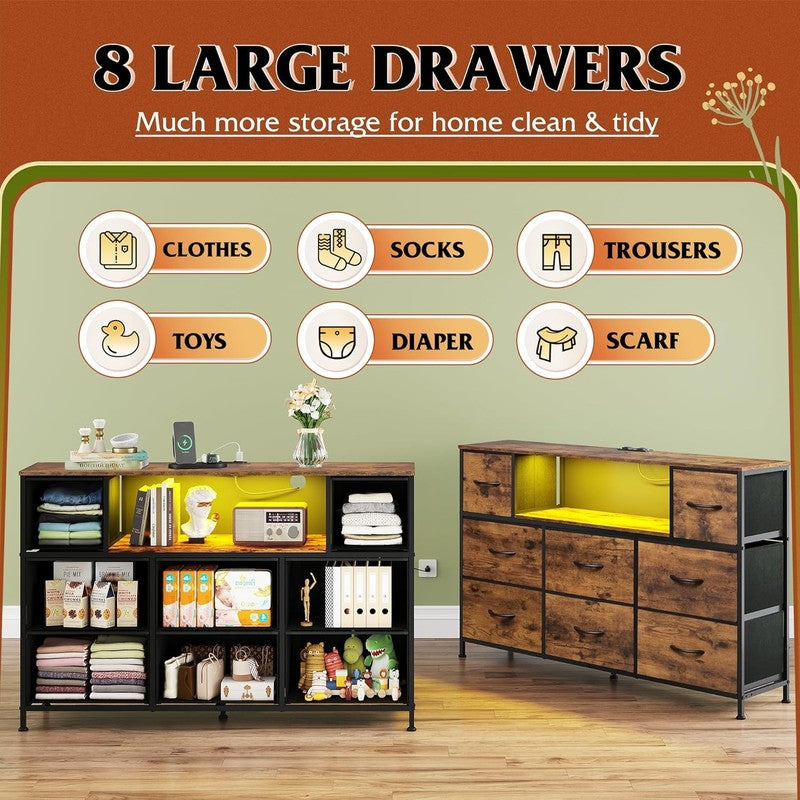 Rustic Brown TV Stand Dresser LED Lights Charging Station 8 Fabric Drawers Shelf2