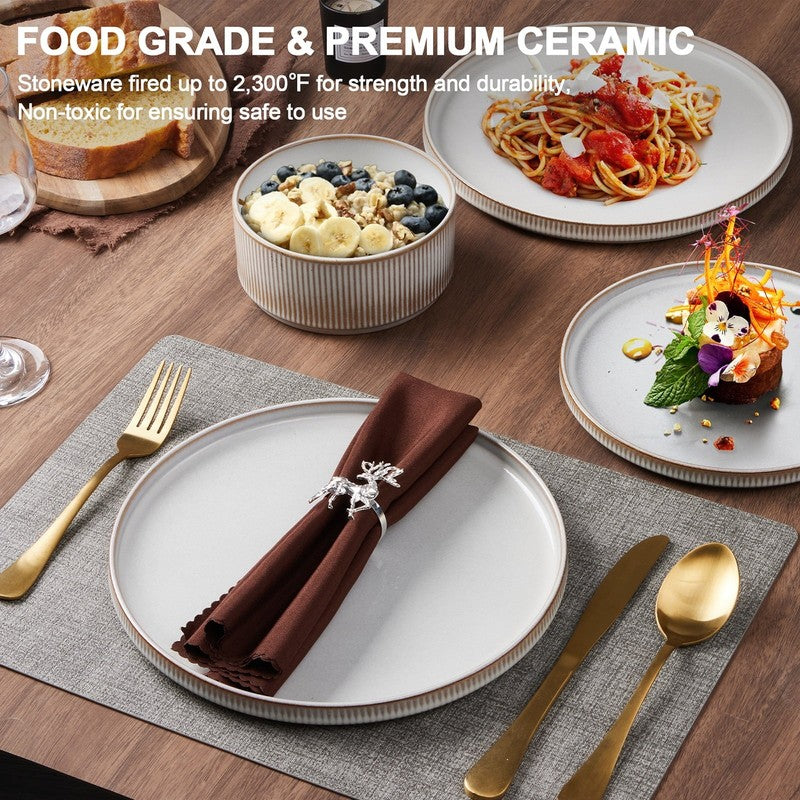 Dinnerware Set for 4, 12 Piece Premium Stoneware Ribbed Dishes with Reactive Gla7