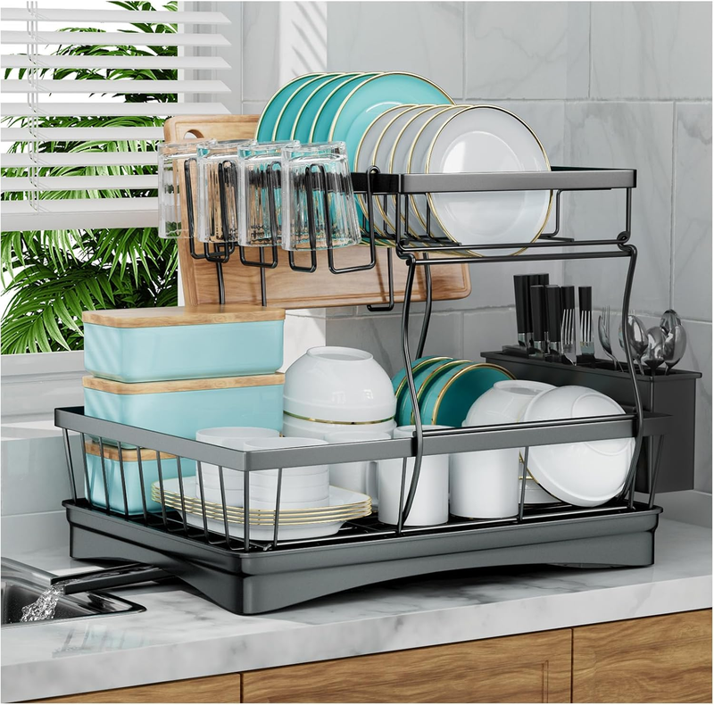 2 Tier Large Dish Drying Rack with Utensil Holder   Black Kitchen Organizer7