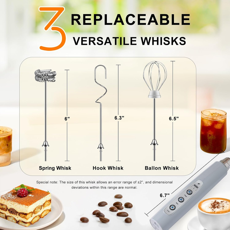 Milk Frother Handheld Cement Gray Rechargeable 3 Speed 3 Heads Whisk3