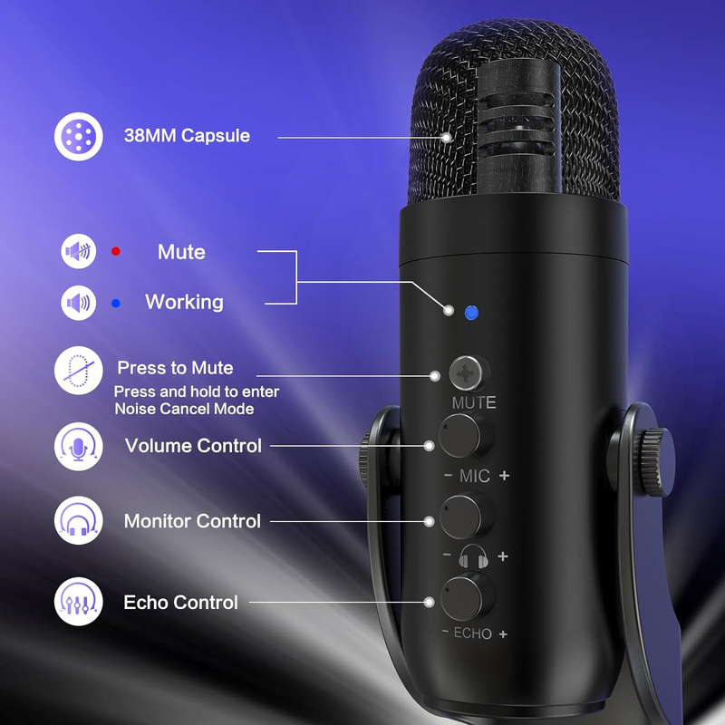 Podcast USB Microphone Noise Canceling w/ Gain Volume Mute for PC Mac Android3