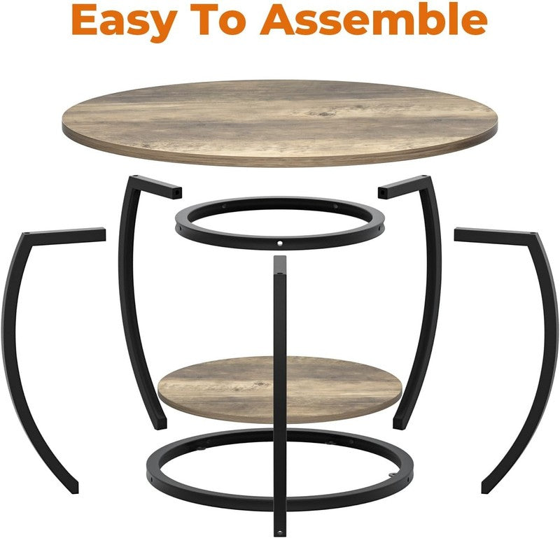 Round 2 Tier Coffee Table with Storage 27.6" Adjustable Feet, Grey Wash2