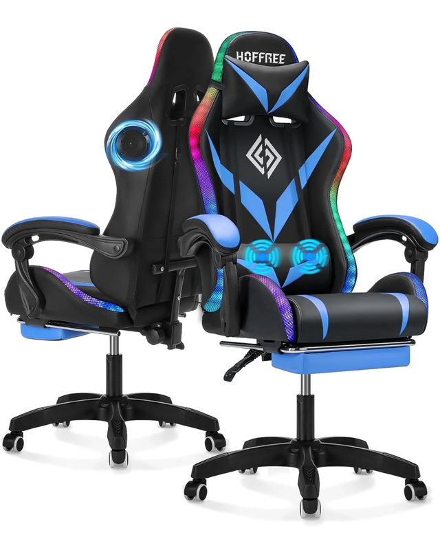 Gaming Chair with Speakers PU Leather Office Chair with Footrest and LED Lights 0