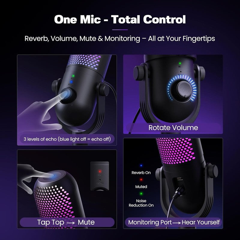 USB RGB Condenser Microphone for PC Gaming with Stand & Quick Mute Black3