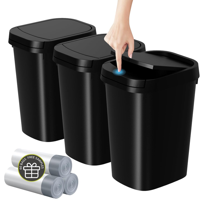 3-Pack 2.6 Gal Slim Trash Cans with Pop-Up Lid Matte Black Plastic Waste Bins0