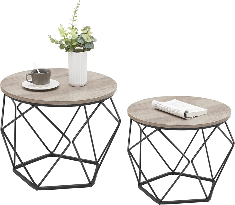 Small Round Coffee Table Set of 2 Steel Frame Side End Tables Greige Black0