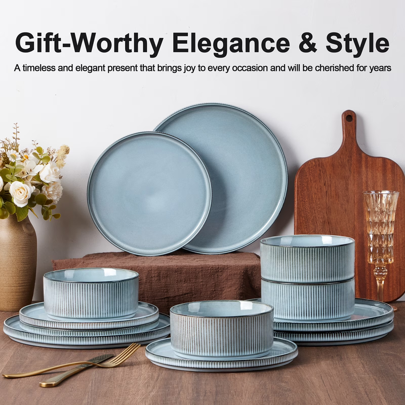 12Pc Stoneware Dinnerware Set for 4 Ribbed Plates Bowls Smoky Blue1