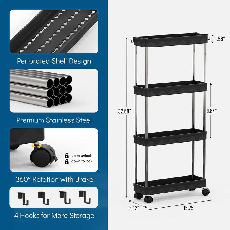 4 Tier Slim Rolling Storage Cart Black, Bathroom Kitchen Laundry Organizer1